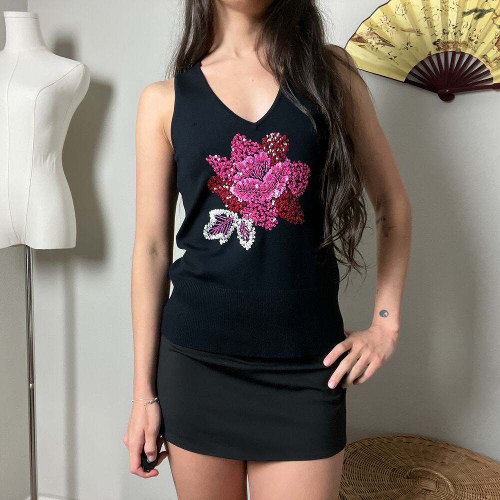 y2k vintage cache black silk knit flower sequin beaded v neck tank top